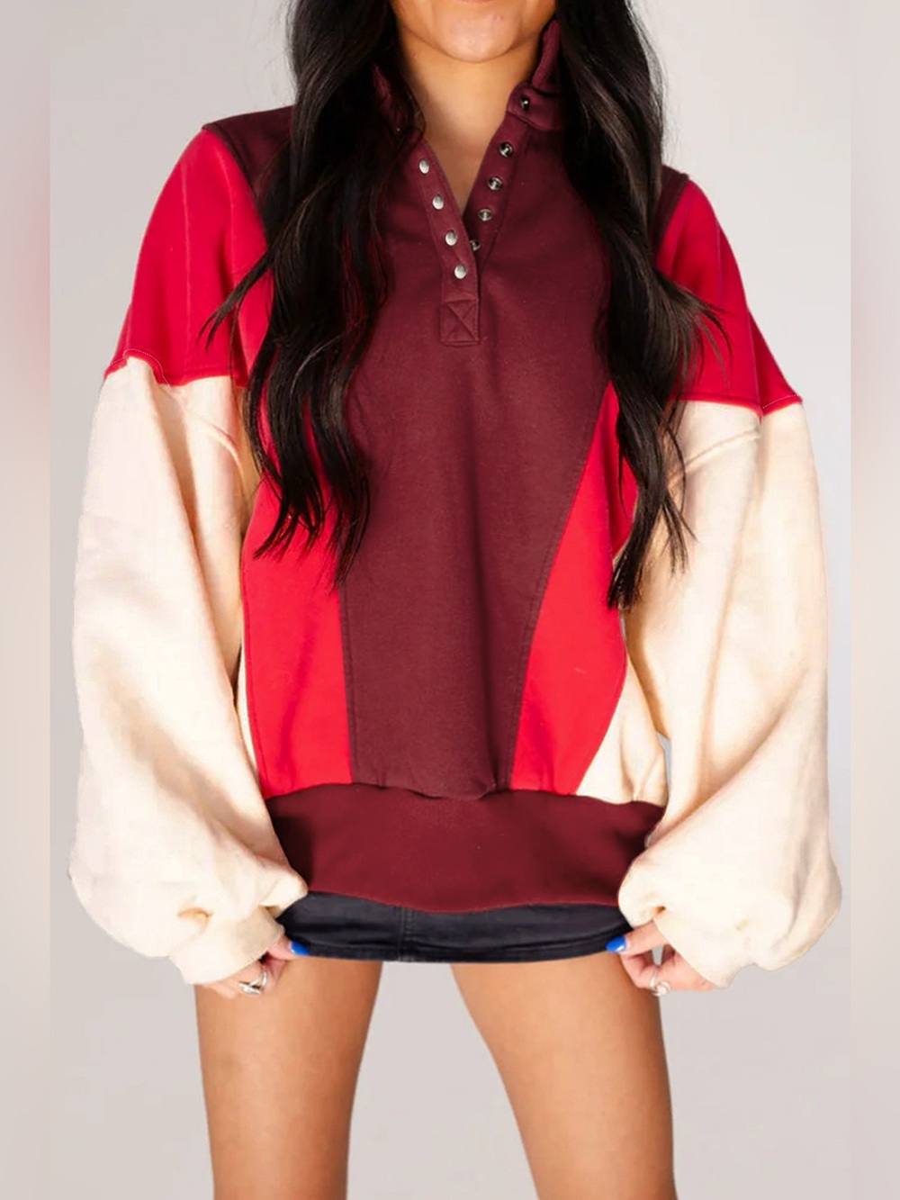 Color-Block Snap-Button Oversized Sweatshirt - Picture 2 of 12